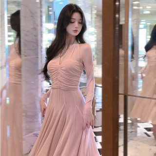 Tiệc Đảng Pháp Váy Dài Gạc Hồng Gợi Cảm Nữ Slim-fit Hẹp Thiết Kế Cao Cấp Màu Trơn Dây Cổ Không Tay Giữa Chiều Dài