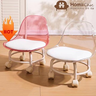 Ghế tựa lưng acrylic nhỏ trong suốt với bánh xe im lặng xoay 360 độ, ghế trượt trên bánh xe