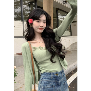 Áo cardigan chống nắng màu xanh lá cây mùa hè áo vest ba chiều