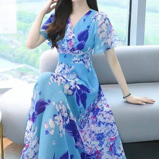 [Hàng có sẵn] Váy nữ váy dài nữ trẻ 2024 băng lụa mỏng 110 in hình bắt đầu váy dài tay ngắn mùa hè Bohemian mới