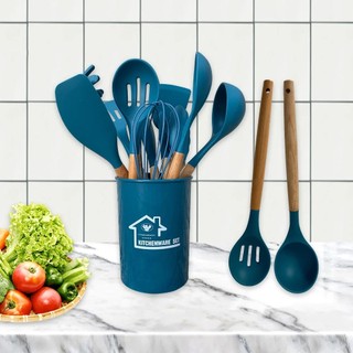 Muỗng súp thìa silicone 12 món chống dính cấp thực phẩm thìa silicone tay cầm bằng gỗ silicone bộ đồ dùng nhà bếp