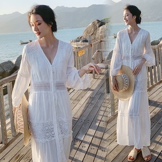 Phong Cách Hàn Quốc Nữ Nữ Mùa Hè Dài Tay Ren Cổ Chữ V Rời Xoay Đầm Maxi Dài Hàng Có Sẵn Mới