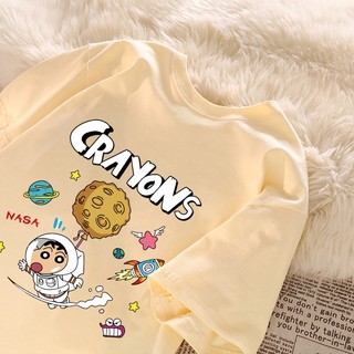 Crayon Shin-chan Du Lịch Không Gian Họa Tiết Hoạt Hình Áo Thun Nữ Cổ Tròn Áo Thun Mới Đa Năng 100% cotton