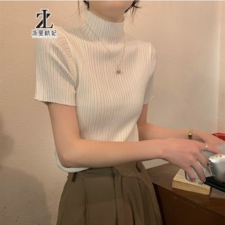 ZHELIHANGFEI Dệt Kim Đáy Nửa Cổ Rùa Ngắn Tay Nữ Mùa Hè Ngọt Cay Sang Trọng Top Pit Strip Thiết Kế Vai Trước
