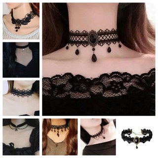 Vòng cổ ren đen Vòng cổ Choker Nhung Pha lê Vintage Gothic Dây chuyền Mặt dây chuyền GBY