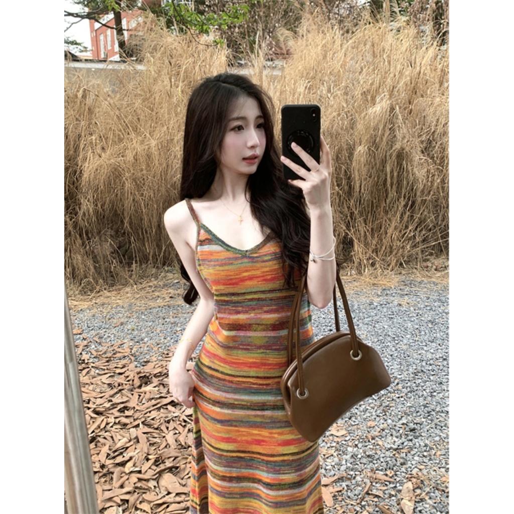 MTMM Váy 2 dây đầm 2 dây đầm body 2 dây dáng dài váy dệt kim sọc cầu vồng dành cho nữ hàn quốc | BigBuy360 - bigbuy360.vn