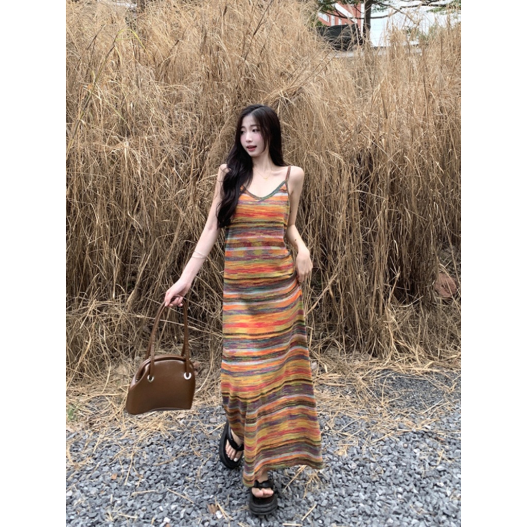 MTMM Váy 2 dây đầm 2 dây đầm body 2 dây dáng dài váy dệt kim sọc cầu vồng dành cho nữ hàn quốc | BigBuy360 - bigbuy360.vn