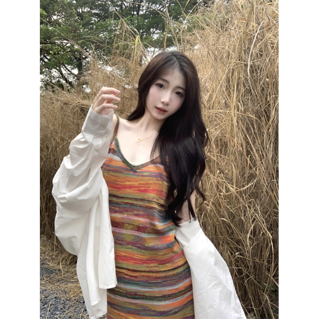 MTMM Váy 2 dây đầm 2 dây đầm body 2 dây dáng dài váy dệt kim sọc cầu vồng dành cho nữ hàn quốc | BigBuy360 - bigbuy360.vn