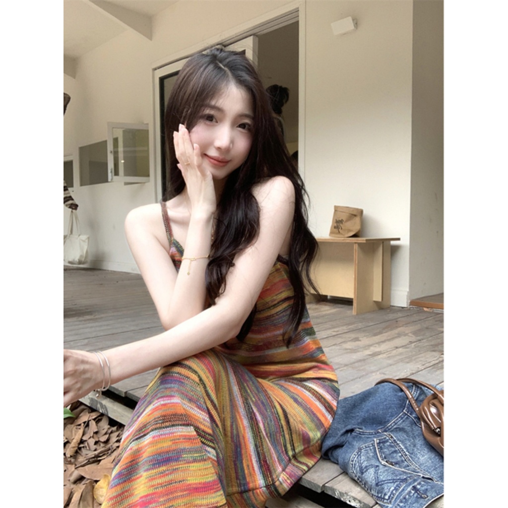 MTMM Váy 2 dây đầm 2 dây đầm body 2 dây dáng dài váy dệt kim sọc cầu vồng dành cho nữ hàn quốc | BigBuy360 - bigbuy360.vn