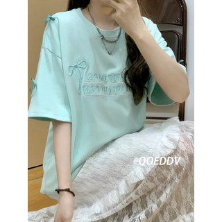 Bạc Hà Xanh Cổ Tròn Nơ Thêu Chữ Ngắn Tay Áo Thun Nữ Mùa Hè Top ins