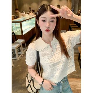 Áo thun dệt kim cổ búp bê màu trắng ngọt ngào dành cho nữ Áo ngắn dễ thương mới
