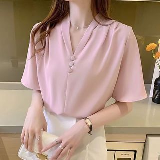 Áo sơ mi ngắn tay giản dị dành cho nữ cổ chữ V phong cách Hàn Quốc cỡ lớn