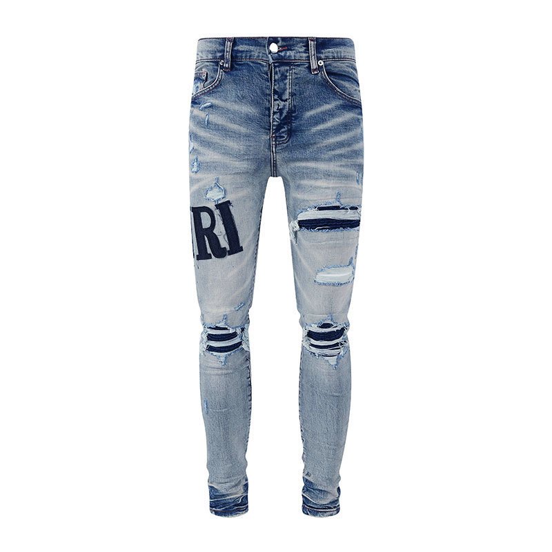 Amiri High Street Fashion Trendy Men Jeans Retro Blue Slim Fit Print Craft Splicing Design High Quality Button Men Jeans
