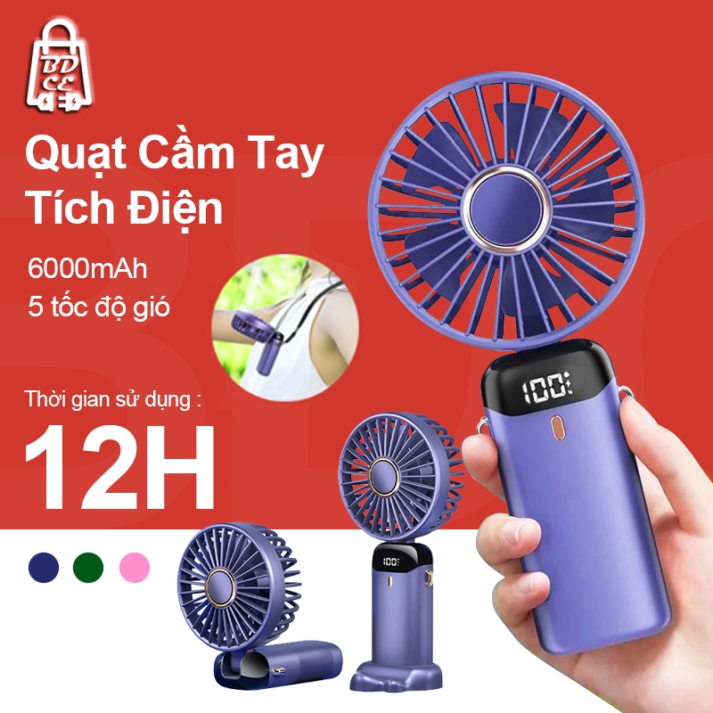 Quạt Mini Cầm Tay Tích Điện ,Quạt Kẹp Bàn Pin Sạc 10000mAh,5 Tốc Độ Gió, Gập 90 Độ Có Đèn LED Hiển Thị