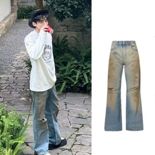  2024 mới phong cách Mỹ giặt quần jean nam đường phố cao cấp retro rách mùa hè thẳng cao cấp dáng rộng cảm giác cao cấpS-3ML