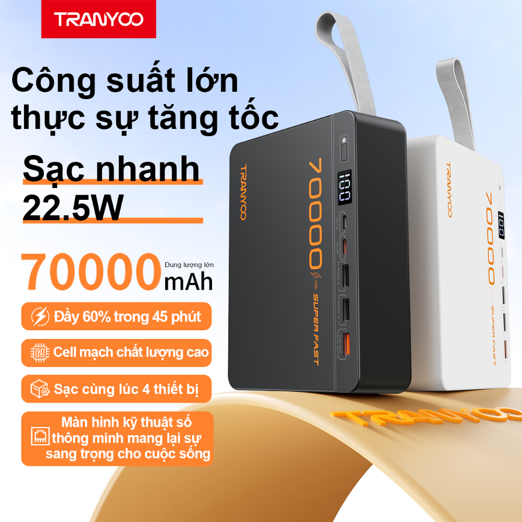 Sạc Dự Phòng 70000mAh PD 22.5W Sạc dự phòng Chính Hãng Heavy Duty TRANYOO F17