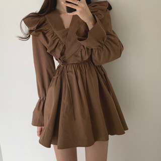NUZIRO Váy ngắn tay cổ chữ V cổ chữ V cổ điển Hàn Quốc