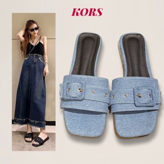 2024 mới cao cấp màu xanh denim dép thời trang mùa hè khóa vuông phẳng dép nữ đế phẳng mở mũi một từ dép