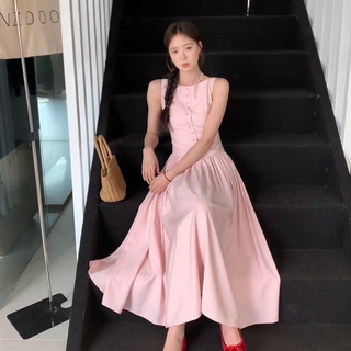 Váy dài màu hồng thời trang giản dị kiểu Pháp dành cho nữ Slim-fit eo hẹp Thiết kế cao cấp màu trơn phù hợp với mọi phong cách cổ tròn không tay Váy chữ A dài vừa phải