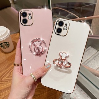 Dành Cho Samsung Galaxy S25 edge S24 S23 S22 S21 S20 FE S10 Note 8 9 10 Plus 20 Ultra Lite Phim Hoạt Hình Gấu Kim Cương Nhẫn Giá Đỡ Chân Đế Mạ Mềm Ốp lưng Full Back Cover