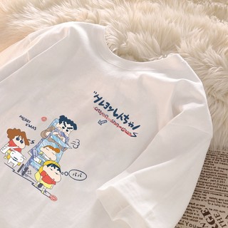 Dễ thương Crayon Shin-chan gia đình anime họa tiết hoạt hình áo thun trắng Áo thun nữ cổ tròn mới đa năng hàng đầu 100% cotton