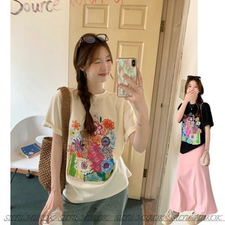 Kii Wii Áo thun ngắn tay in hoa mới mùa hè Áo thun Cotton ngoại cỡ