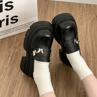 Nữ Loafers Phong Cách Trường Tăng Chiều Cao 6CM Đen Mary Jane Giày Nơ Đen / Nâu Chống Trơn Trượt Học Sinh Giày Da Nhỏ Giày Gót Dày Nữ