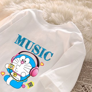Dễ Thương Doremon Nghe Nhạc Họa Tiết Trắng Áo Thun Nữ Cổ Tròn Áo Thun Mới Đa Năng 100% cotton