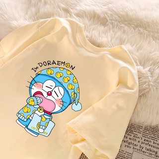 Phong Cách Hàn Quốc Thường Ngày Doremon Anime Pyjama Họa Tiết Tiệc Áo Thun Nữ Cổ Tròn Áo Thun Mới Đa Năng Hàng Đầu 100% cotton