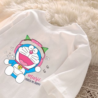 Happy Doremon Smile Âm nhạc Họa tiết hoạt hình Áo thun trắng Áo thun nữ cổ tròn mới đa năng hàng đầu 100% cotton