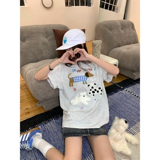 ROEMO thời trang Xám áo phông  tay ngắn nữ cao cấp dog in hinh local brand áo thun nữ form rộng ngầu 100% cotton-Y1085
