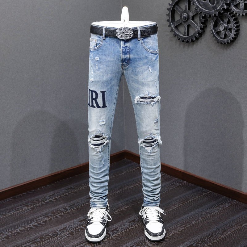 Amiri  Cao Thời Trang Đường Phố Mới Ánh Sáng Xanh Jeans Sơn Co Giãn Ôm Phù Hợp Với Nút Trước Đục Lỗ Miếng Dán Quần Jean Hip Hop Thương Hiệu Chất Lượng Cao Co Giãn Slim Fit Quần