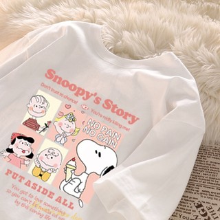 Phong cách Hàn Quốc hợp thời trang đường phố Snoopy họa tiết hoạt hình áo thun trắng cổ tròn Áo thun nữ mới đa năng hàng đầu 100% cotton