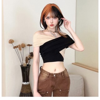 Cutenew Màu Chặn Vai Crop Top Nữ Mùa Hè Retro Ruched Slim Top