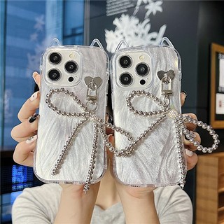Tai Mèo Lông Vũ 3D Mạ Điện Nơ Vòng Tay Trọn Gói Chống Rơi Vỏ Điện Thoại Cho IPhone 15 14 13 12 11 Pro Max X XS XR 8 7 Plus Vỏ TPU Mềm Chống Bụi Bẩn