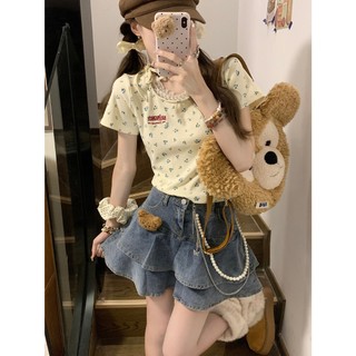 Cổ ren hoa ngọt ngào, áo thun ngắn tay dài vai, thiết kế mùa hè dành cho nữ có dây đeo, áo ngắn
