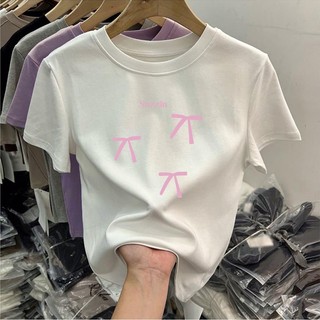 NUZIRO Phiên bản Hàn Quốc tối giản nơ cotton nguyên chất nơ phía trước áo thun ngắn cỡ S-L