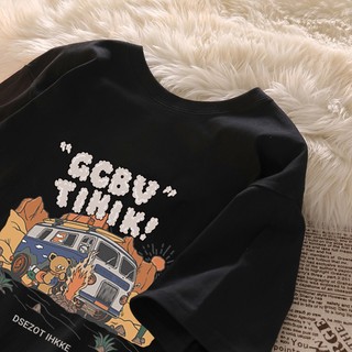 Mỹ retro hợp thời trang gấu ô tô họa tiết hoạt hình áo thun đen Áo thun nữ cổ tròn mới đa năng hàng đầu 100% cotton