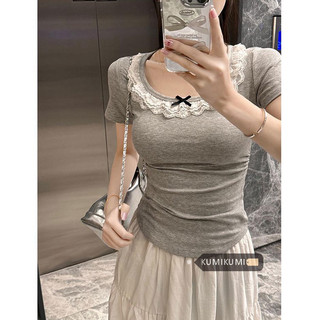kumikumi Áo croptop thun ngắn tay cổ tròn chắc chắn mới của Hàn Quốc dành cho nữ