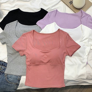 YIBEIKA Cà vạt vuông Ngực Đệm Ren Áo Thun Nữ Mùa Hè Phong Cách Mới Màu Hồng Vai Trước Ngắn Skinny Slim-fit Ngắn-