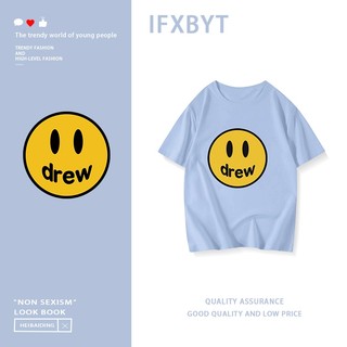 IFXBYT local brand 2024 Xanh nước biển áo phông nữ form rộng mặt cười in ấn cổ tròn dáng rộng áo thun 100%cotton
