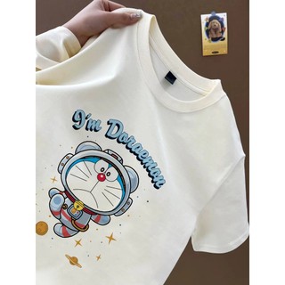 Hợp thời trang Nhật Bản Doremon phi hành gia hàng không họa tiết hoạt hình Áo thun trắng cổ tròn Áo thun nữ mới đa năng hàng đầu 100% cotton