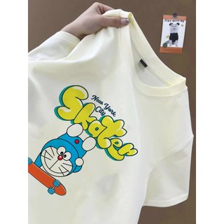 Dễ thương ván trượt leng keng mèo anime họa tiết hoạt hình áo thun mơ Áo thun nữ cổ tròn mới đa năng hàng đầu 100% cotton