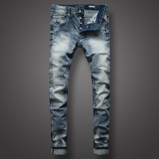 High quality retro fashionable men jeans with light blue slim fit button design for men retro denim pants