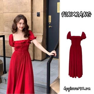 Pinxiang Nữ sườn xám mới cổ vuông gợi cảm hottie dài vừa phải voan ngắn tay dáng ôm giản dị