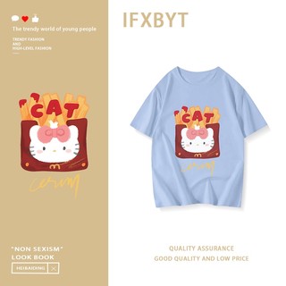 Xanh đại dương Áo phông nữ form rộng 2024 con mèo HelloKitty của McDonald in hình cổ tròn 100% cotton IFXBYT local brand
