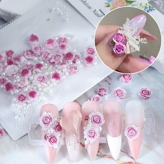 UR SUGAR Khoảng 30 phụ kiện trang trí móng tay hoa hồng khô mô phỏng / Đồ trang trí kim cương nhiều kích cỡ cho móng tay gradient cao cấp / Phụ kiện làm móng hoa trà chạm khắc bằng nhựa