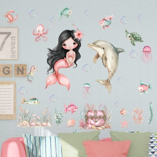 Hoạt hình dưới nước thế giới nàng tiên cá voi dán tường phòng trẻ em mẫu giáo phòng tắm trang trí tường miếng dán chống thấm nước