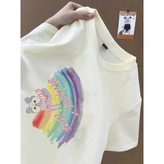 Rainbow Star Dew Bunny Họa tiết hoạt hình Áo thun trắng Áo thun nữ cổ tròn mới đa năng hàng đầu 100% cotton