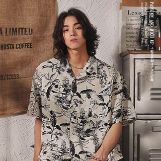 Áo Sơ Mi Nam Tay Ngắn In Hoa Vải Lụa Băng Phiên Bản Rộng Phong Cách Hàn Quốc Retro Street Hot TrendS-2XL